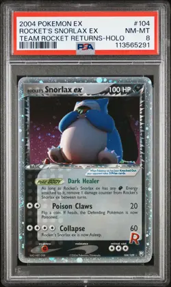 2004 POKEMON EX TEAM ROCKET RETURNS #104 ROCKET'S SNORLAX EX-HOLO PSA 8 - Image 1