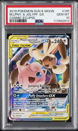 2019 POKEMON SUN & MOON COSMIC ECLIPSE #165 MEGA LOPUNNY & JIGGLYPUFF GX PSA 10 - Image 1