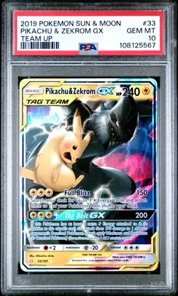 2019 POKEMON SUN & MOON TEAM UP #33 PIKACHU & ZEKROM GX PSA 10 - Image 1