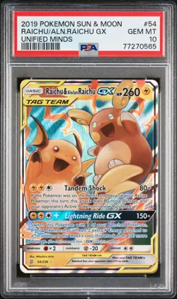 2019 POKEMON SUN & MOON UNIFIED MINDS #54 RAICHU & ALOLAN RAICHU GX PSA 10 - Image 1