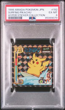 1998 AMADA POKEMON JPN HYPER STICKER COLL #192 SURFING PIKACHU PSA 6 - Image 1