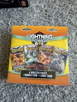 NEW 2025 Pokemon Mystery Lightning Power Box 4 Booster Pack Chase + 1 Bonus Item - Image 1