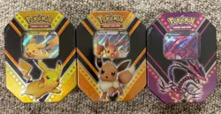 Pokemon TCG Pikachu, Eevee & Eternatus V Powers Tins (Lot Of 3) NEW SEALED - Image 1