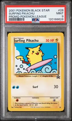 PSA 9 2001 Surfing Pikachu 28 Black Star Promo League Pokemon Card - Mint! - Image 1