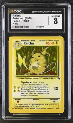 CGC 8 Raichu 1999 Fossil 14/62 Holo Pokemon Card - Image 1