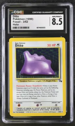 CGC 8.5 Ditto 1999 Fossil 3/62 Holo Pokemon Card - Image 1