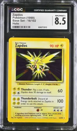 CGC 8.5 NM/MINT+ Zapdos Base 16/102 Holo 1999 Pokemon Card psa - Image 1
