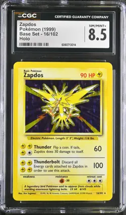 CGC 8.5 NM/MINT+ Zapdos Base 16/102 Holo 1999 Pokemon Card psa - Image 1