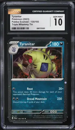 CGC 10 Tyranitar Triple Whammy Tins Paldea Evolved 2023 Pokemon Card #135 - Image 1