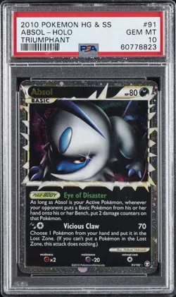 2010 POKEMON HEARTGOLD & SOULSILVER TRIUMPHANT #91 ABSOL-HOLO PSA 10 - Image 1