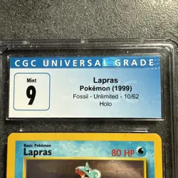 1999 Pokemon Fossil Unlimited Lapras Holo Rare 10/62 CGC Mint 9 - Image 2
