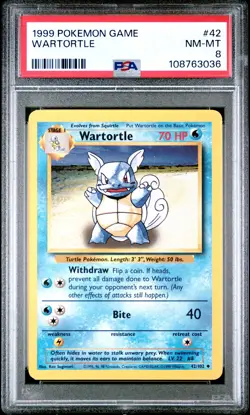 1999 POKEMON BASE SET UNLIMITED #42 WARTORTLE PSA 8 - Image 1