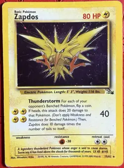 Pokemon TCG Zapdos Holo Rare Card 15/62 MP Fossil Unlimited 1999 Vintage - Image 1