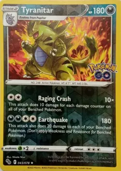 043/078 TYRANITAR REVERSE HOLO POKEMON GO POKEMON CARD - Image 1
