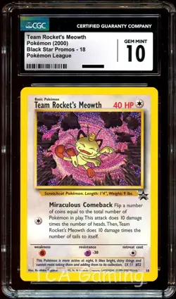 CGC 10 GEM MINT Team Rocket's Meowth # 18 WOTC Black Star Promo Pokemon Card - Image 1