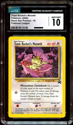 CGC 10 GEM MINT Team Rocket's Meowth # 18 WOTC Black Star Promo Pokemon Card - Image 2