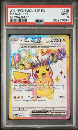 2024 POKEMON SSP EN-SURGING SPARKS ULTRA RARE #219 PIKACHU EX PSA 9 - Image 1