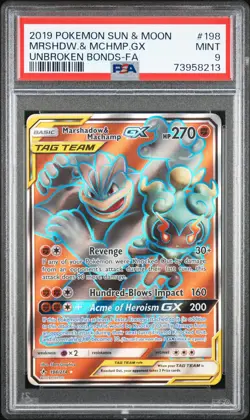 2019 POKEMON SUN & MOON UNBROKEN BONDS FULL ART/MARSHADOW & MACHAMP GX PSA 9 - Image 1