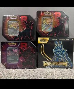 Pokemon TCG ME01 Mega Evolutions Lucario ETB + 3 Team Rocket Tins NEW SEALED LOT - Image 1