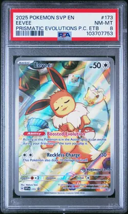 2025 POKEMON PRISMATIC EVOLUTIONS POKEMON CENTER ETB PROMO SVP #173 EEVEE PSA 8 - Image 1