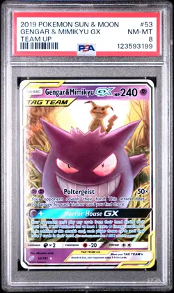 2019 POKEMON SUN & MOON TEAM UP #53 GENGAR & MIMIKYU GX PSA 8 - Image 1