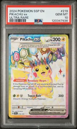 2024 POKEMON SSP EN-SURGING SPARKS ULTRA RARE #219 PIKACHU EX PSA 10 - Image 1