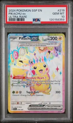 2024 POKEMON SSP EN-SURGING SPARKS ULTRA RARE #219 PIKACHU EX PSA 10 - Image 1