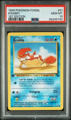 1999 POKEMON FOSSIL 1ST ED #51 KRABBY PSA 10 - Image 1