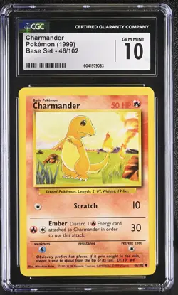 CGC 10 GEM MINT Charmander 1999 Base Set 46/102 Pokemon Card - Image 1