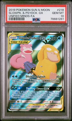 2019 POKEMON SUN & MOON UNIFIED MINDS #218 FULL ART/SLOWPOKE & PSYDUCK GX PSA 10 - Image 1