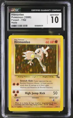 CGC 10 GEM MINT Hitmonlee 1999 Fossil 7/62 Holo Pokemon Card - Image 1