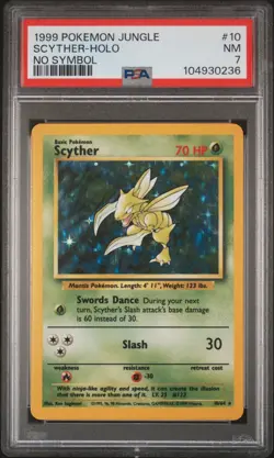 PSA 7 Pokemon Scyther 10/64 WotC Jungle Holo Rare NO SYMBOL ERROR - Image 1