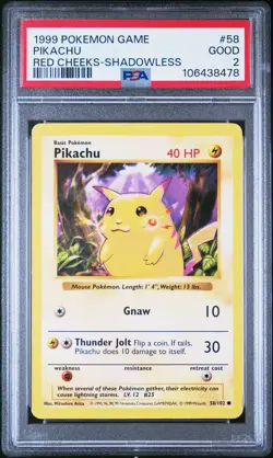 1999 POKEMON BASE SET UNLIMITED RED CHEEKS-SHADOWLESS #58 PIKACHU PSA 2 - Image 1