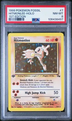 1999 POKEMON FOSSIL 1ST EDITION #7 HITMONLEE-HOLO PSA 8 - Image 1