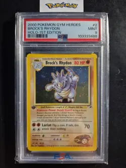 First Edition 2000 Pokemon Gym Heroes 2/132 Brock's Rhydon Holo PSA Mint 9 - Image 1
