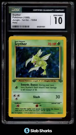 1999 POKEMON JUNGLE 1ST EDITION #10/64 SCYTHER RARE HOLO CGC 10 - Image 1
