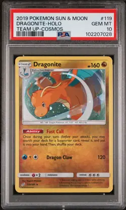 2019 Pokemon Sun & Moon Team Up Dragonite Cosmos Holo #119 PSA 10 GEM MINT - Image 1