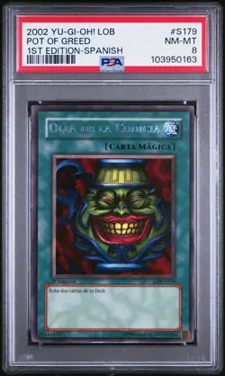 2002 YU-GI-OH! LOB-LEGEND OF BLUE EYES WHITE DRAGON #S179 POT OF GREED PSA 8 - Image 1