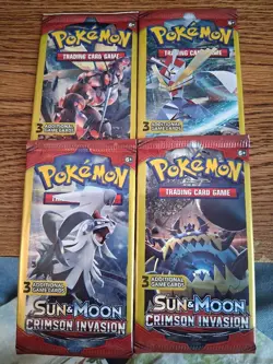 4 Different Art Work 2017 Sun & Moon Crimson Invasion 3 Card Booster Packs - Image 1