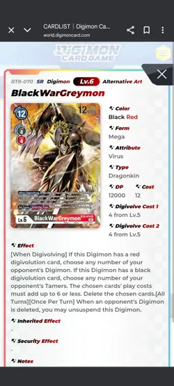 Digimon Card BlackWarGreymon (Alternate Art) - New Awakening BT08 NM - Image 2