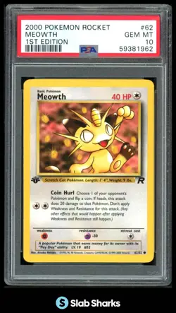 2000 POKEMON TEAM ROCKET 1ST EDITION #62/82 MEOWTH PSA 10 - Image 1