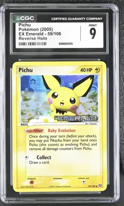 CGC 9 MINT Pichu 2005 EX Emerald 59/106 Reverse Holo Stamped Pokemon Card - Image 1
