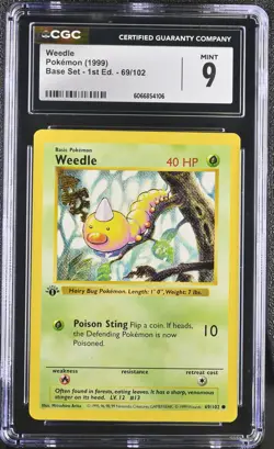 CGC 9 MINT Weedle 1999 Base Set 1st Edition Shadowless 69/102 Pokemon Card - Image 1