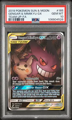 2019 POKEMON SUN & MOON TEAM UP #165 FULL ART/GENGAR & MIMIKYU GX PSA 10 - Image 1