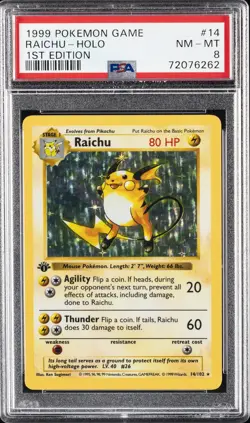 1999 POKEMON BASE SET 1ST EDITION #14 RAICHU-HOLO PSA 8 - Image 1