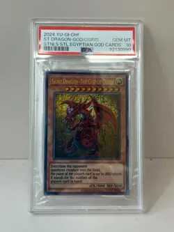 PSA10 Yu-Gi-Oh! TCG 25th Anniversary Stainless Steel Egyptian God 3Cards, stands - Image 4