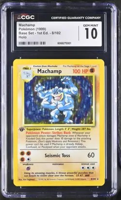 CGC 10 GEM MINT Machamp 1999 Base Set 1st Edition 8/102 Holo Pokemon Card - Image 1