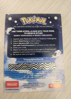 Pokemon Scarlet And Violet Serial Codes Shiny Koraidon or Miraidon UNSCRATCHED! - Image 1