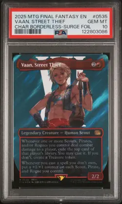 2025 MTG FINAL FANTASY CHARACTER BORDERLESS-SURGE FOIL VAAN, STREET THIEF PSA 10 - Image 1
