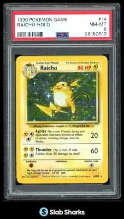 1999 POKEMON BASE SET UNLIMITED #14/102 RAICHU RARE HOLO PSA 8 - Image 1